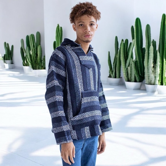 Artesanias Cuamatzi Blue Classic Mexican Baja Hoodie Pullover - Picture 2 of 16